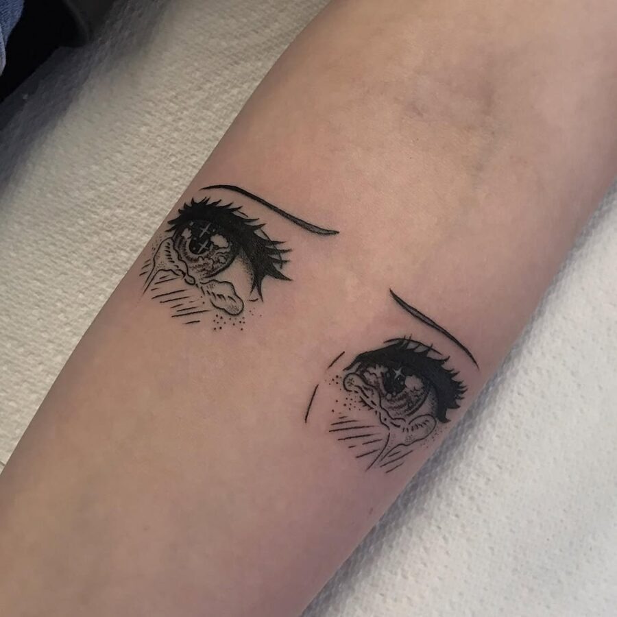 This tattoo features beautifully detailed anime eyes, capturing a blend of innocence and allure.