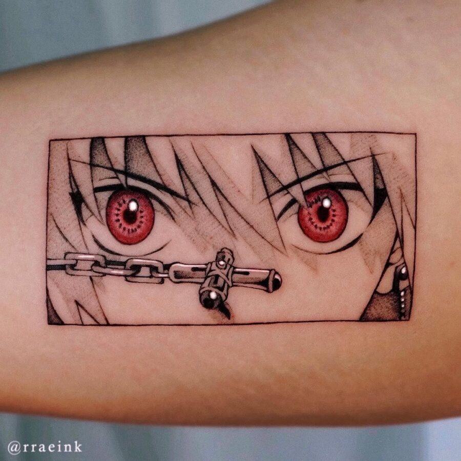 This tattoo showcases a vivid portrayal of anime eyes, featuring striking red irises that draw the viewer in.