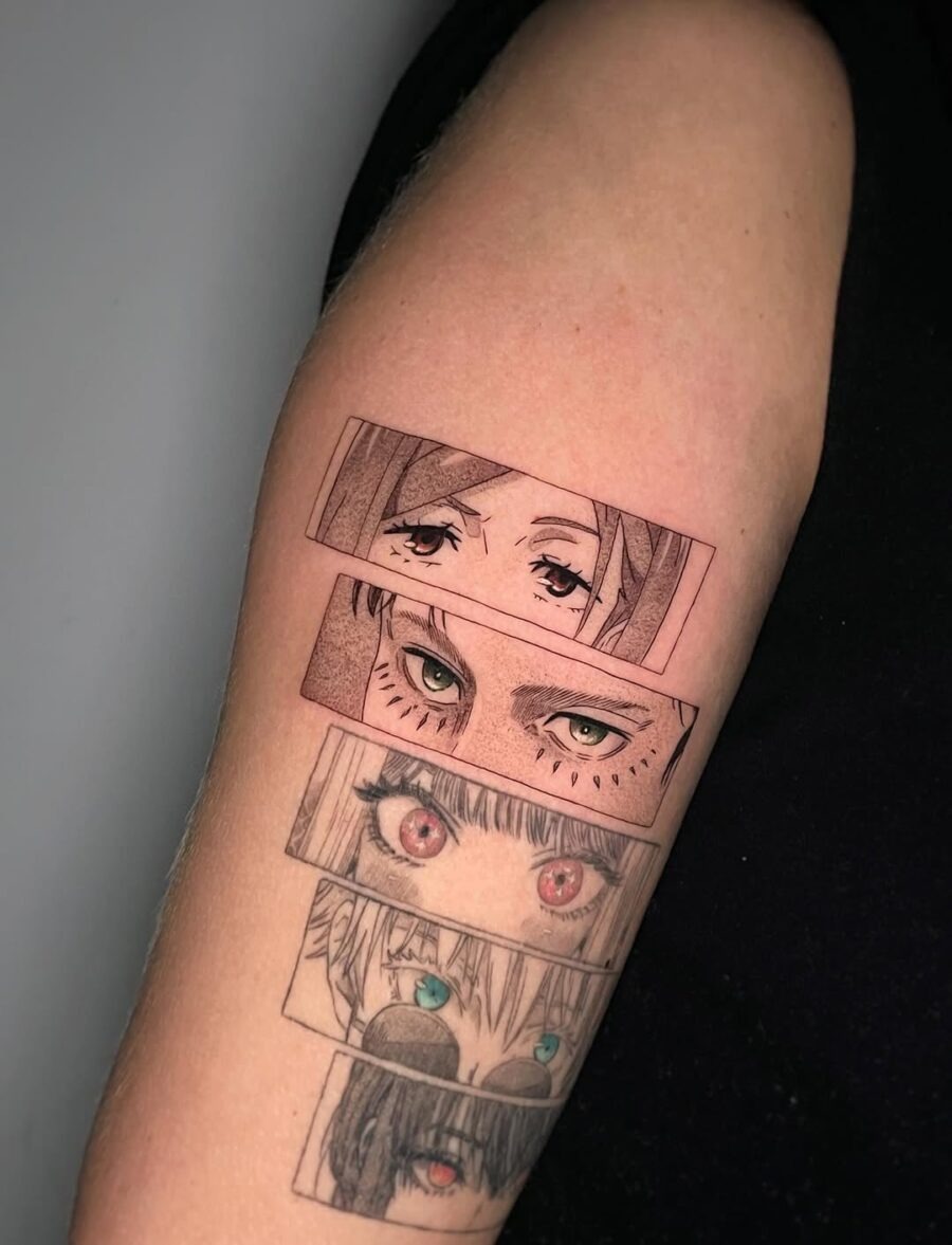 This tattoo showcases a striking series of anime eyes, each with unique expressions.