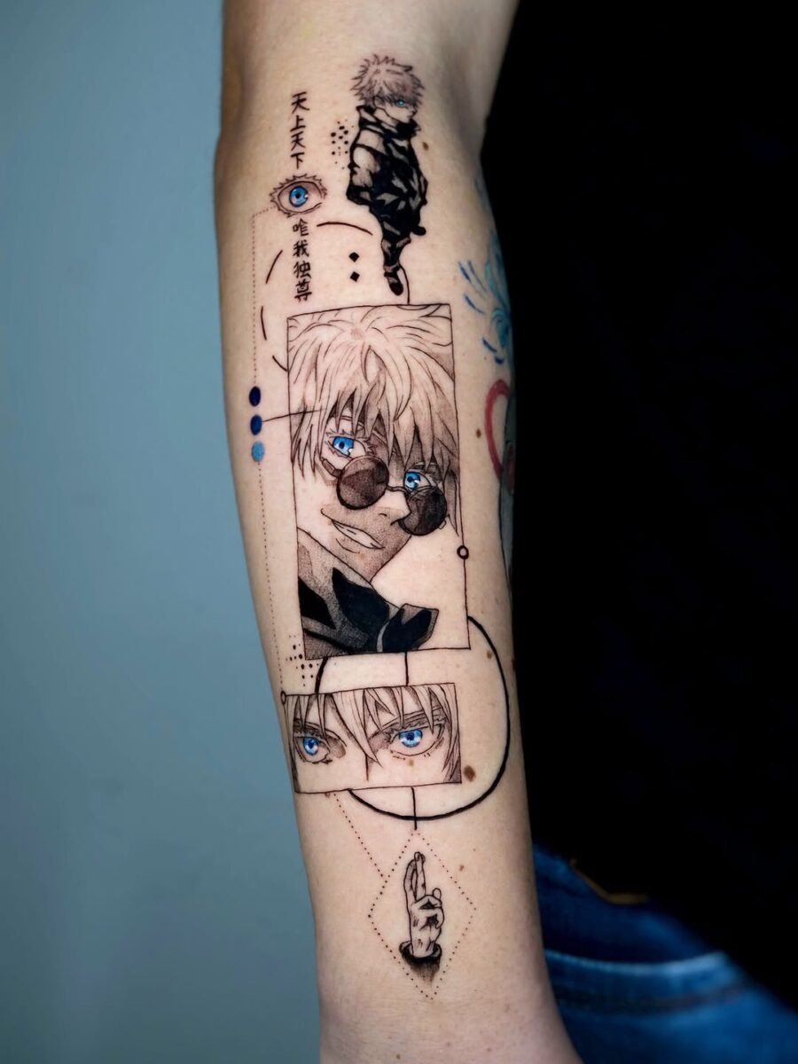 This tattoo features an eye-catching design with striking blue anime eyes that radiate emotion.