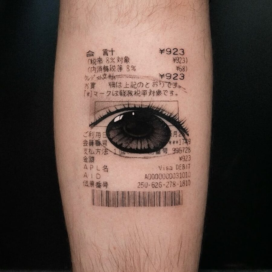 This tattoo showcases a striking black-and-gray anime eye surrounded by intricate details.