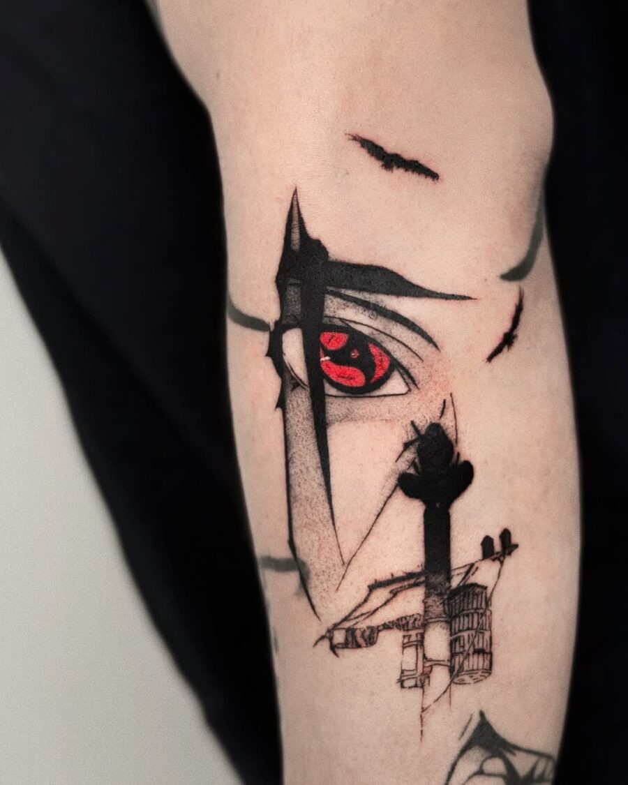 This tattoo features a captivating anime eye in vivid red tones, surrounded by abstract detailing that enhances its dramatic effect.