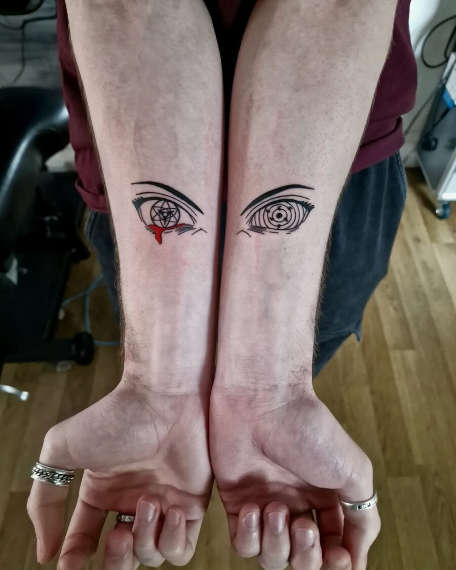 These tattoos showcase captivating anime eyes on the forearms, creating a bold statement.