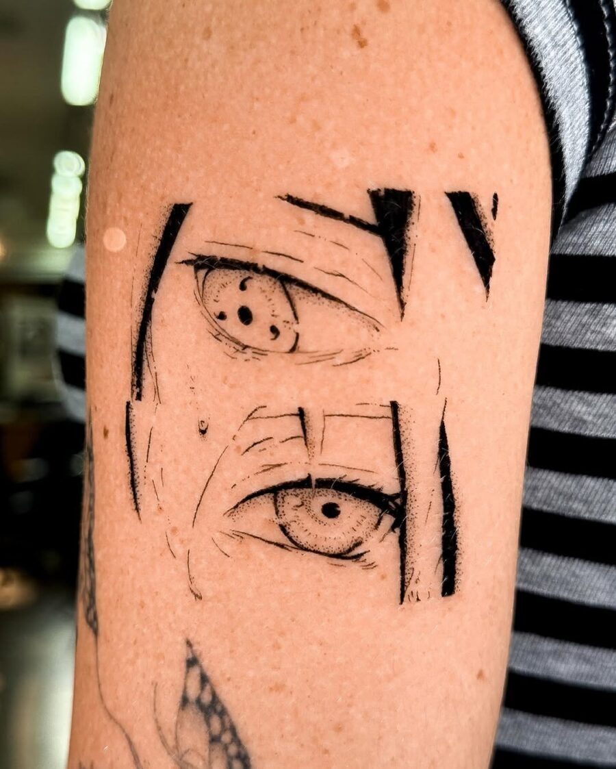 This tattoo features an intriguing design of anime eyes that capture a range of emotions.