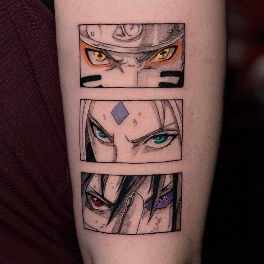 This tattoo features a trio of intense anime eyes from popular Naruto characters, each radiating unique emotions and power.
