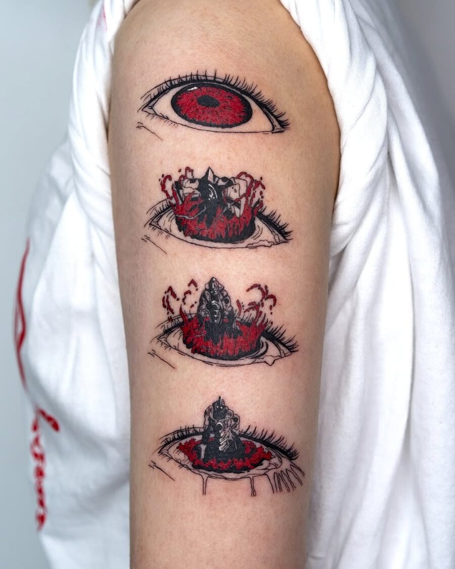 This tattoo showcases a series of anime-style eyes, illustrated in bold red ink.