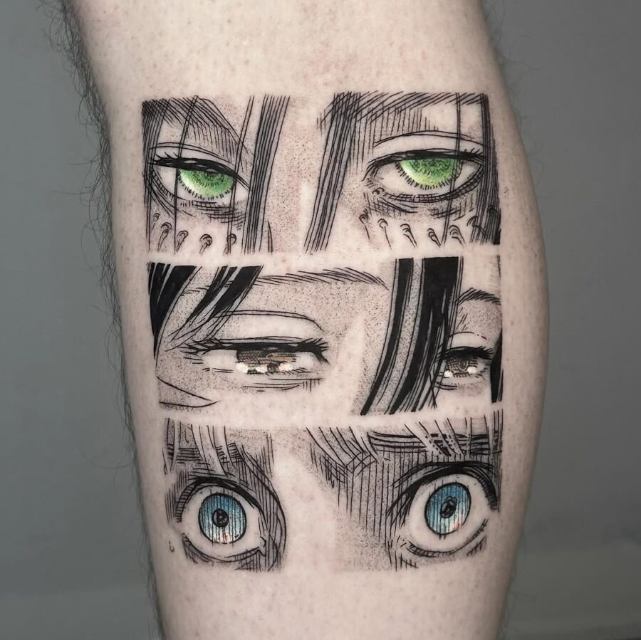 This tattoo showcases a compilation of anime eyes, each reflecting distinct emotions and personalities.
