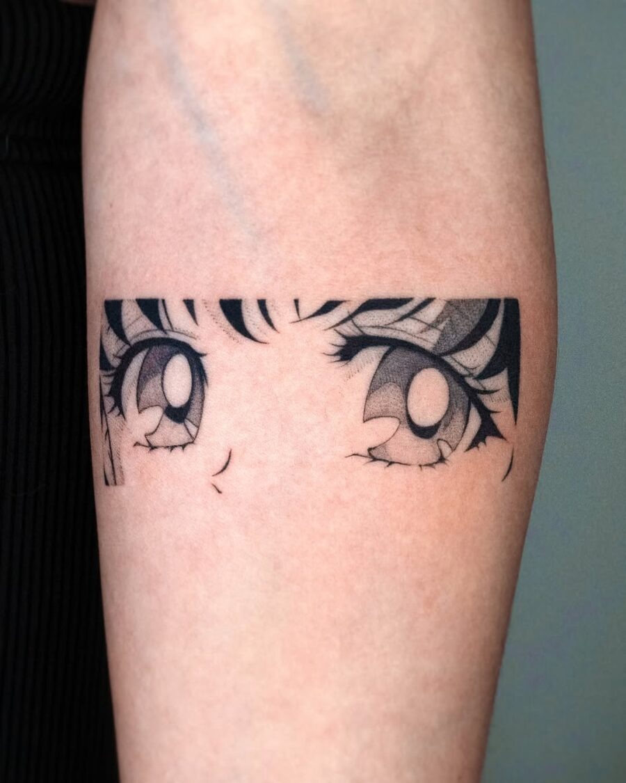 This tattoo features captivating anime eyes peeking through a bold line.