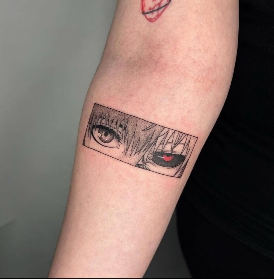 This tattoo showcases a captivating blend of anime aesthetics, featuring detailed eyes that draw attention.