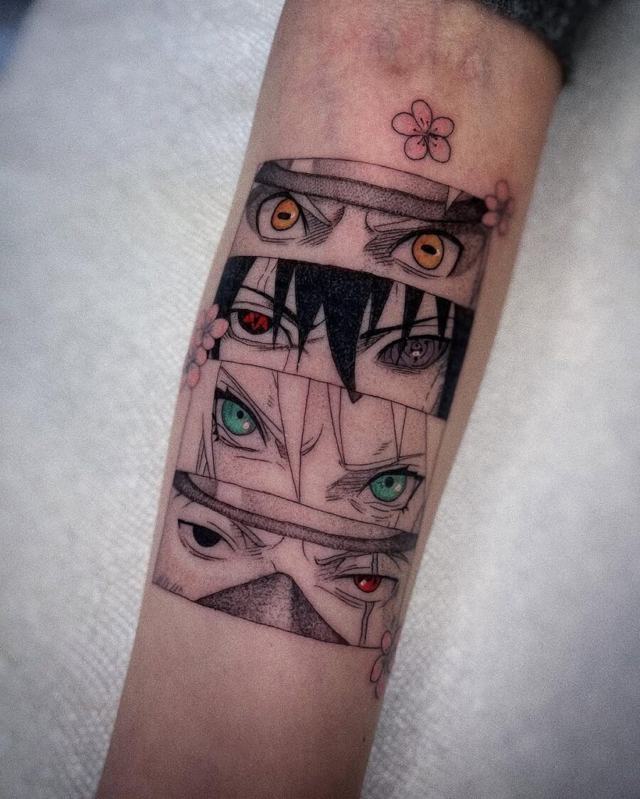 This tattoo features a series of anime eyes, each showing a different color and expression.