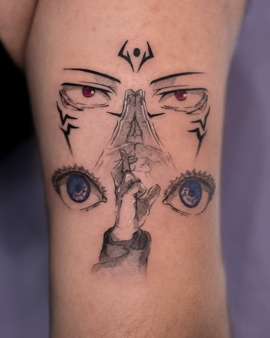 This tattoo showcases mesmerizing anime eyes, enhanced by a hand gesture.