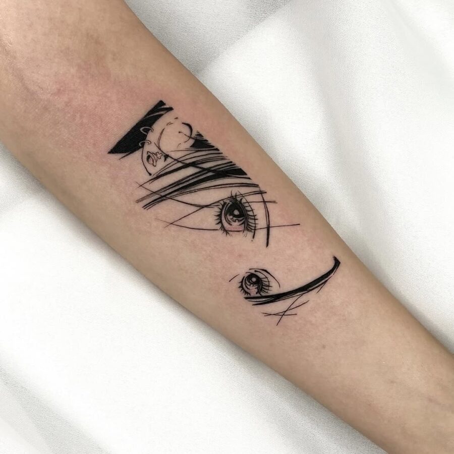 This tattoo features stunning anime eyes that radiate personality and depth.