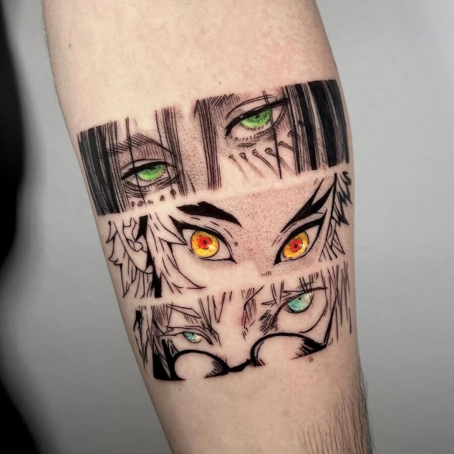 This tattoo showcases a trio of captivating anime eyes, each with distinct features and emotions.