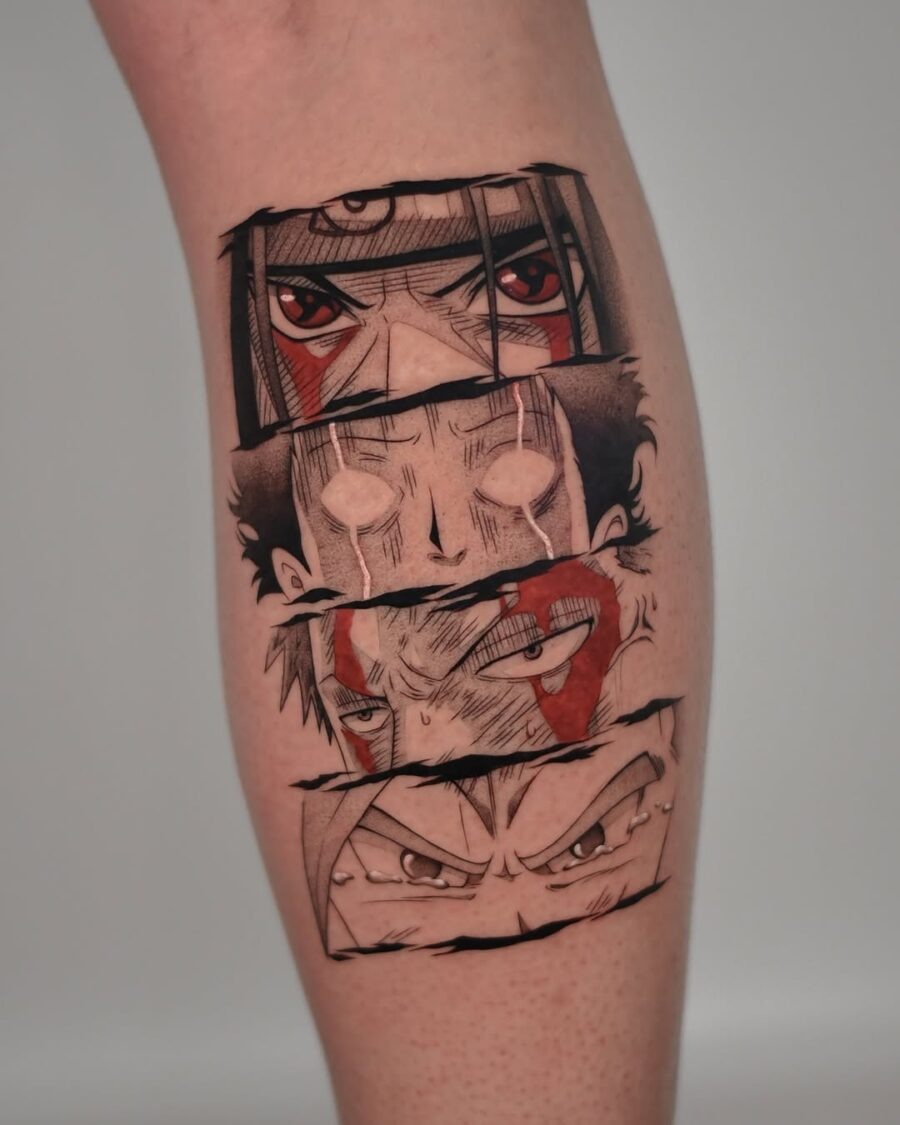 This tattoo showcases a striking collage of anime eyes, each expressing intense emotions.