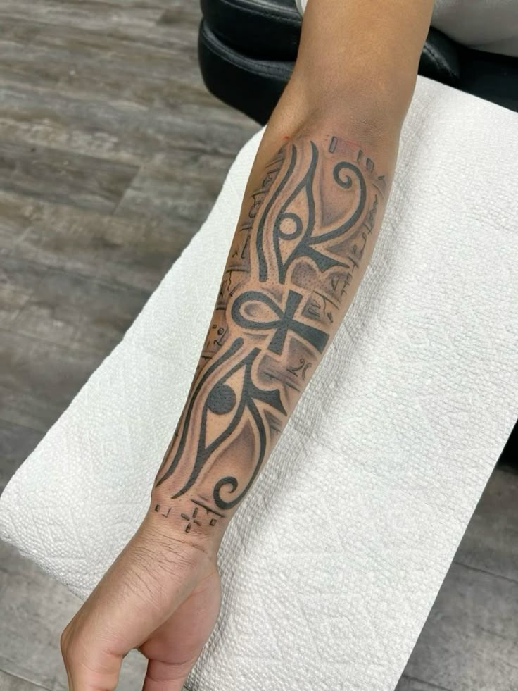 Full Forearm Ankh and Eye Sleeve Tattoo Design