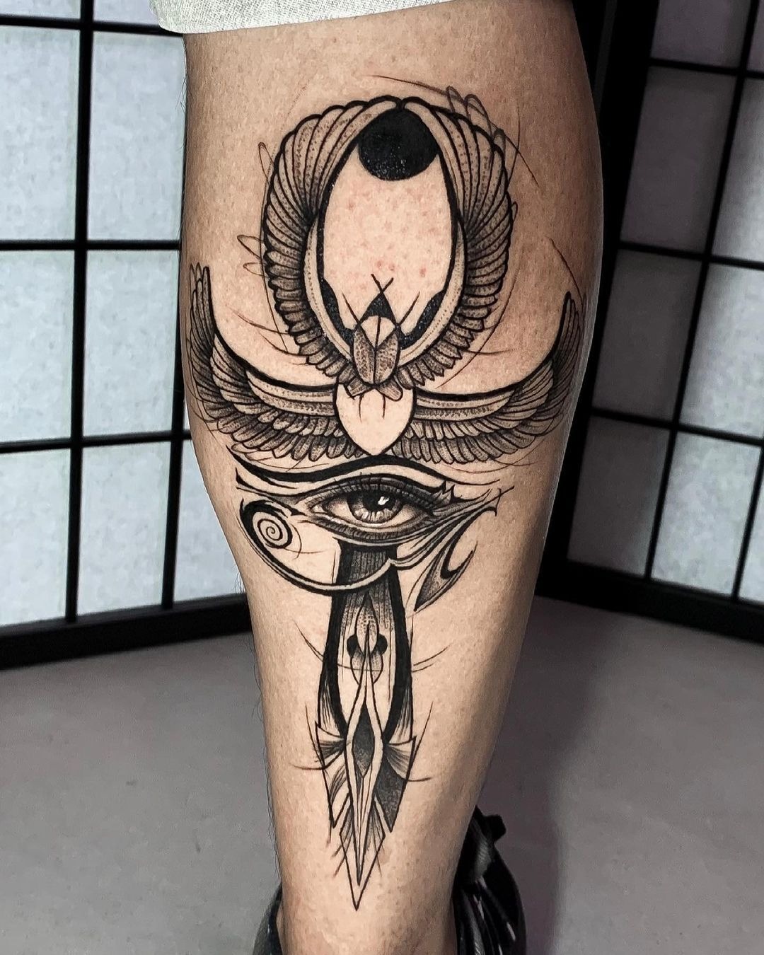 Scarab and Eye Ankh Tattoo for Leg Tattoo Design