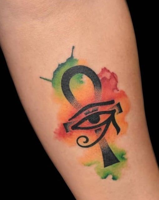 Watercolor Ankh with Eye Tattoo Design