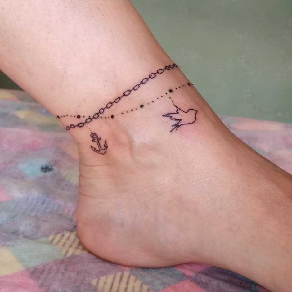 Anchor and Bird Chain Ankle Tattoo Tattoo Design