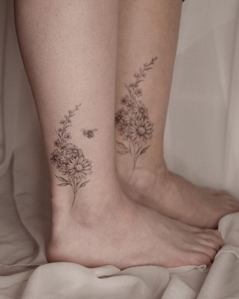 Floral & Bee Ankle Tattoo Tattoo Design