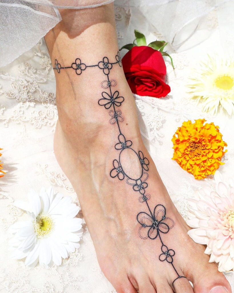 Floral Chain Ankle and Foot Tattoo Tattoo Design