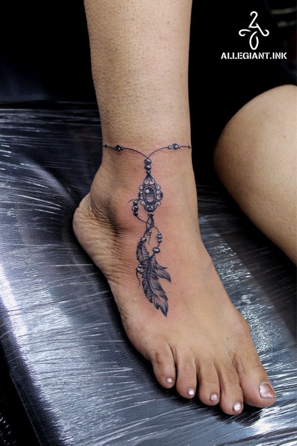 Bow and Cross Beaded Anklet Tattoo Design