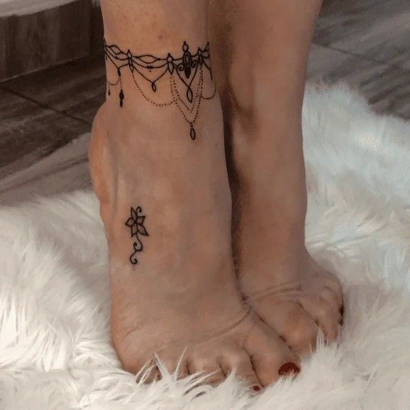 Colorful Bow and Star Charm Anklet Tattoo Design