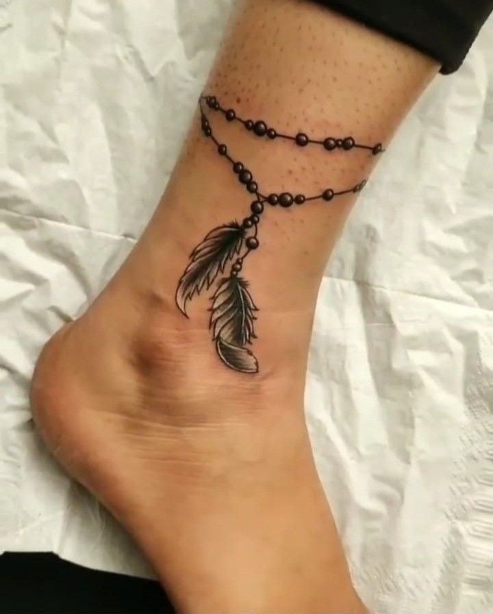 Double Chain Feather Drop Anklet Tattoo Design