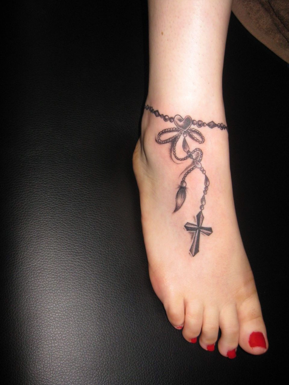 Tiny Cross Rosary Anklet Tattoo Design
