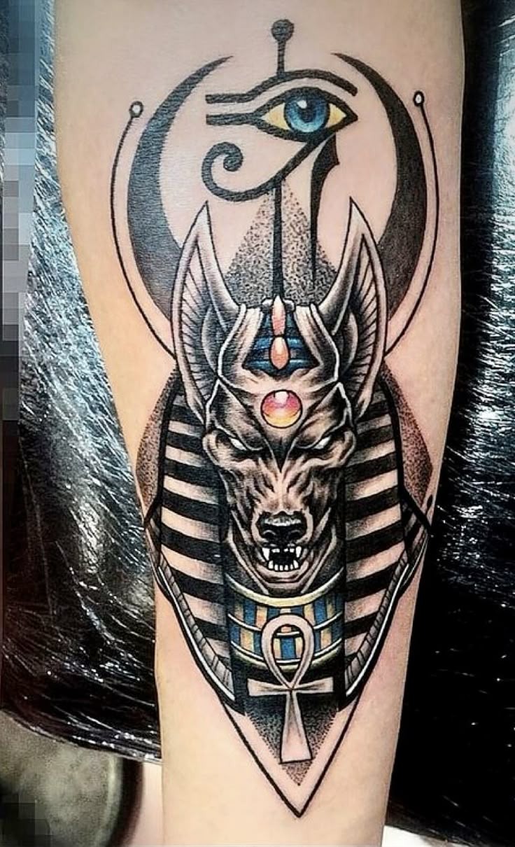 Anubis with Colorful Gem and Eye Tattoo Design