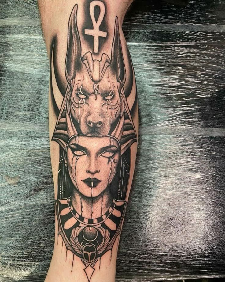 Divine Duality with Anubis and Priestess Tattoo Design