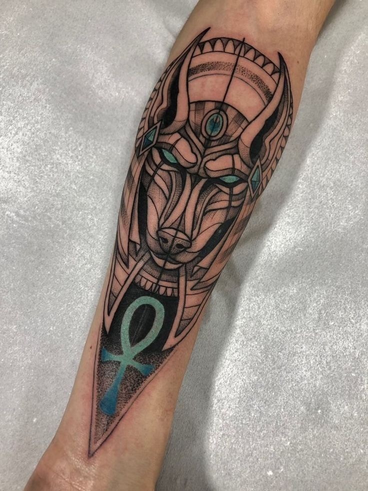 Dotwork Anubis with Aqua Accents Tattoo Design