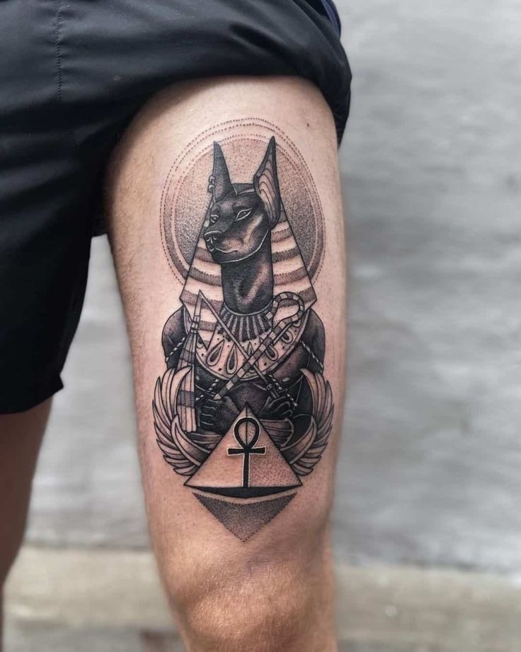 Regal Anubis with Pyramid & Laurel Tattoo Design