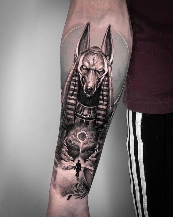 Spiritual Journey Under Anubis Tattoo Design