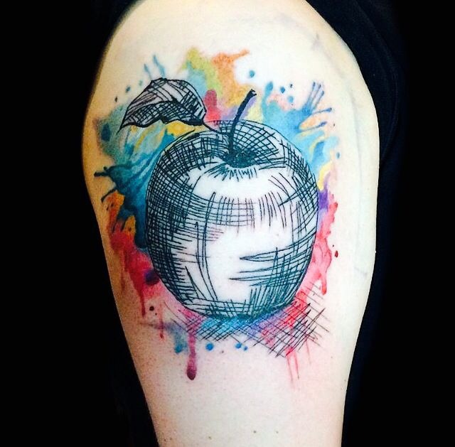 Sketch Apple With Watercolor Splash Tattoo Tattoo Design