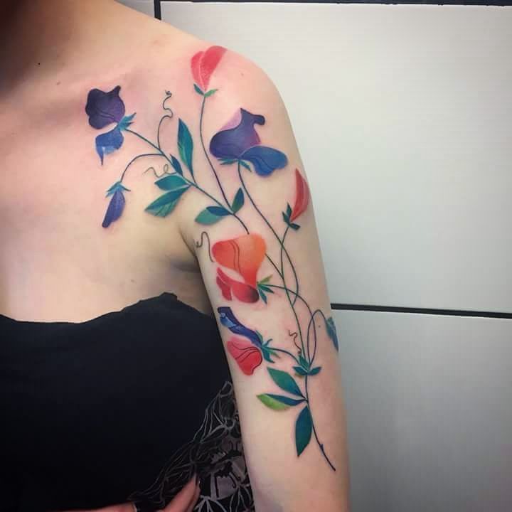Realistic Sweet Pea Tattoo with Butterfly Tattoo Design