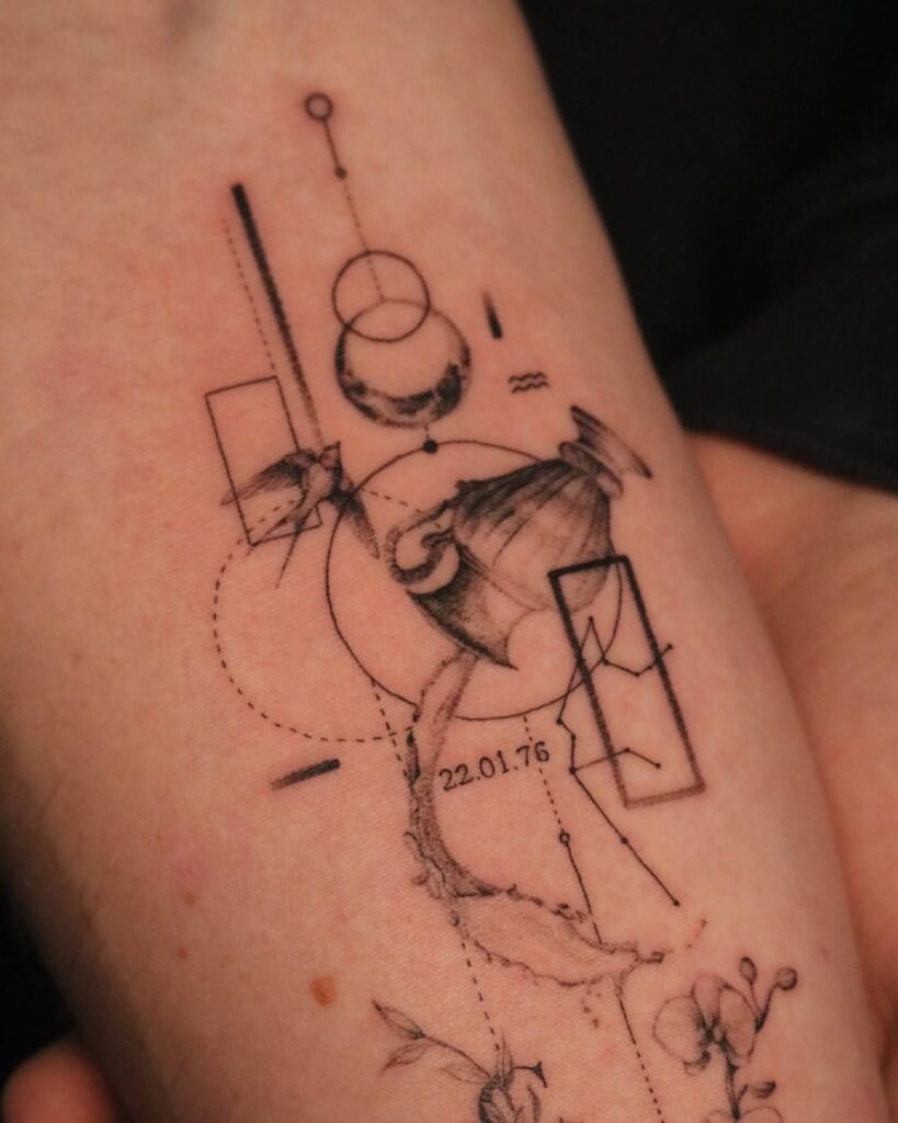 Abstract Aquarius Tattoo with Geometric and Celestial Elements Tattoo Design