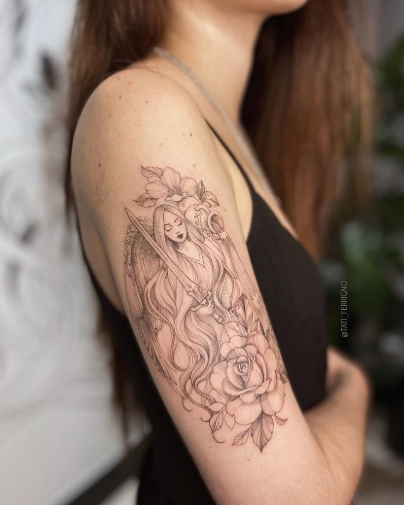 Angelic Aquarius Tattoo with Floral Accents on the Arm Tattoo Design