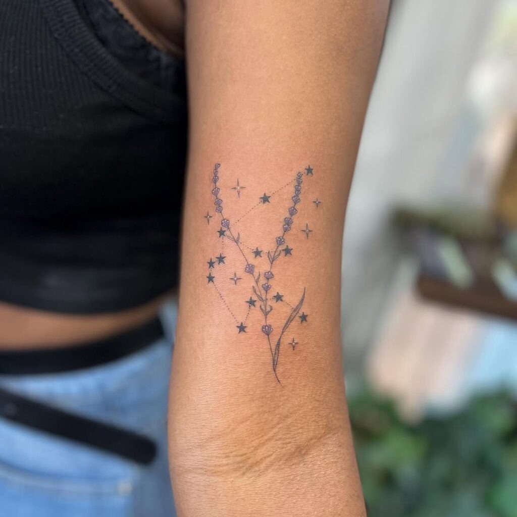 Aquarius Floral Constellation Tattoo with Star Details Tattoo Design
