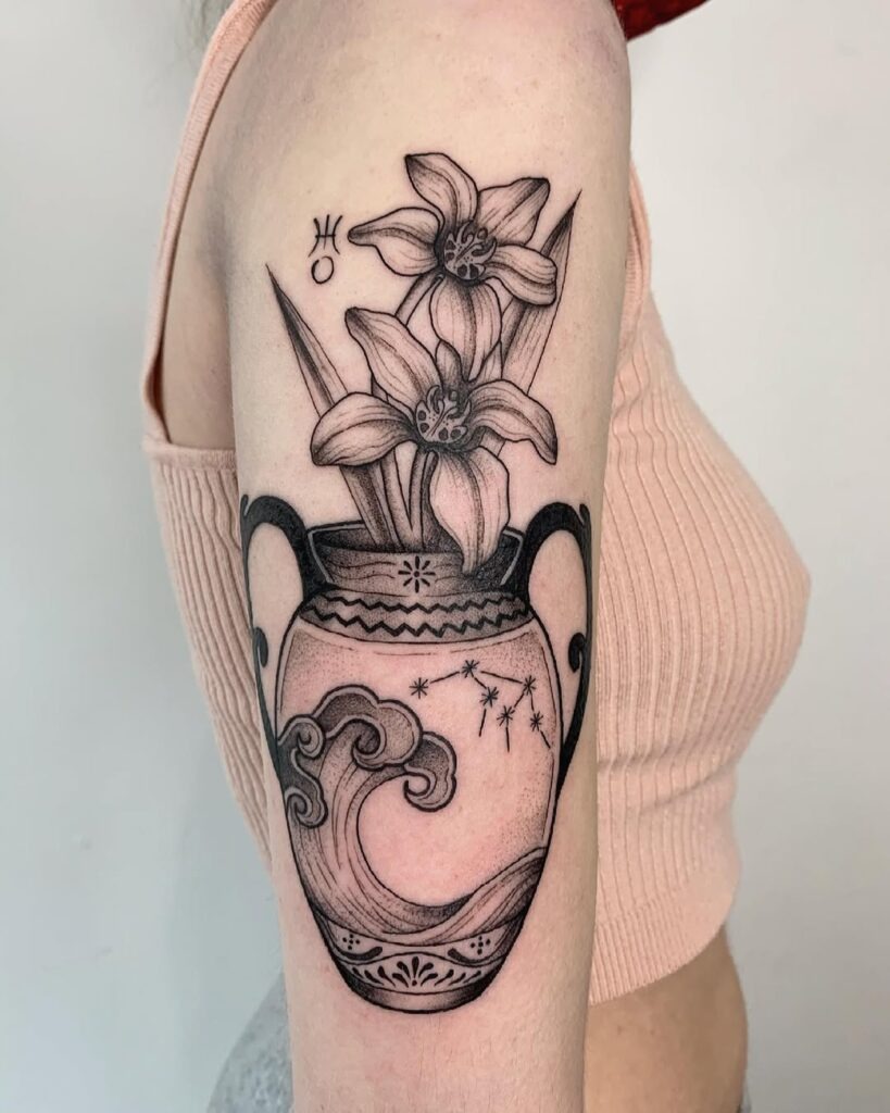 Aquarius Floral Vase Tattoo with Waves and Constellation Tattoo Design