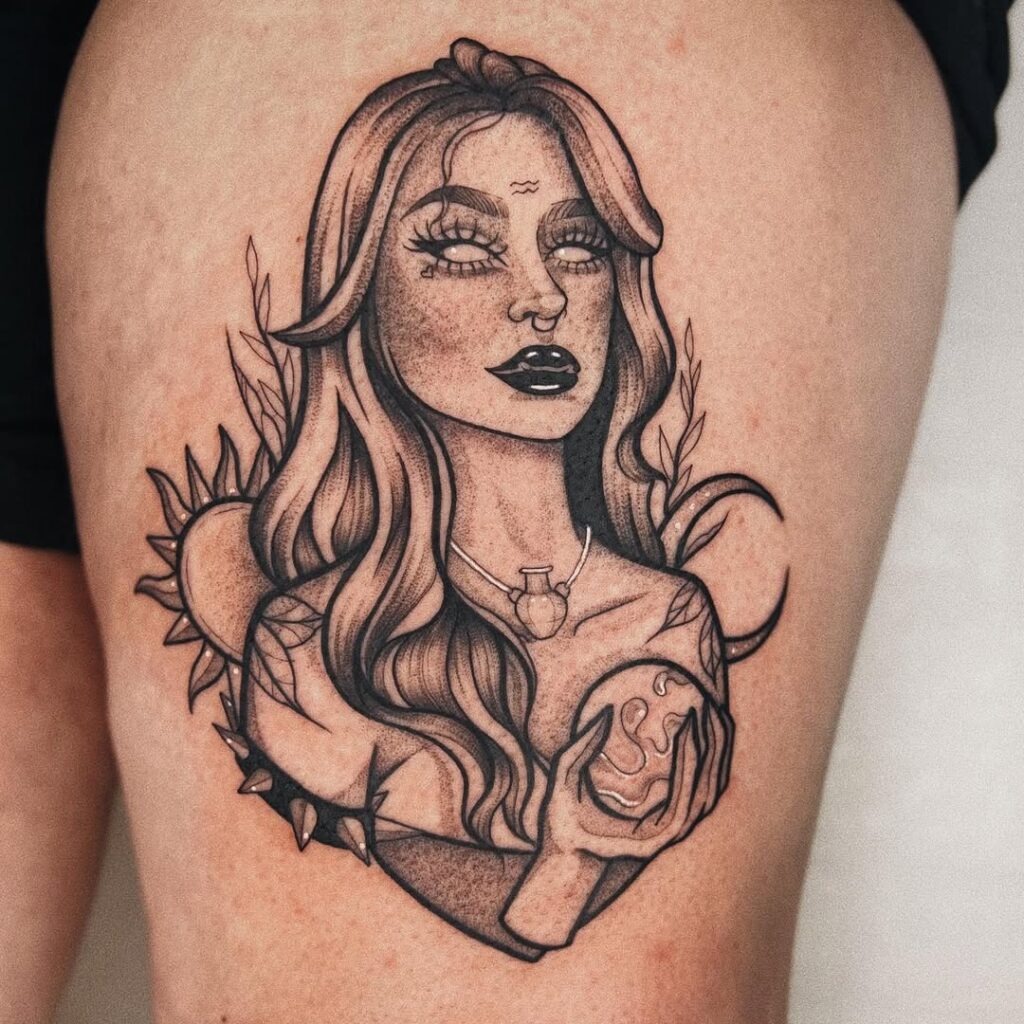 Aquarius Goddess Tattoo Holding Earth with Celestial Elements Tattoo Design