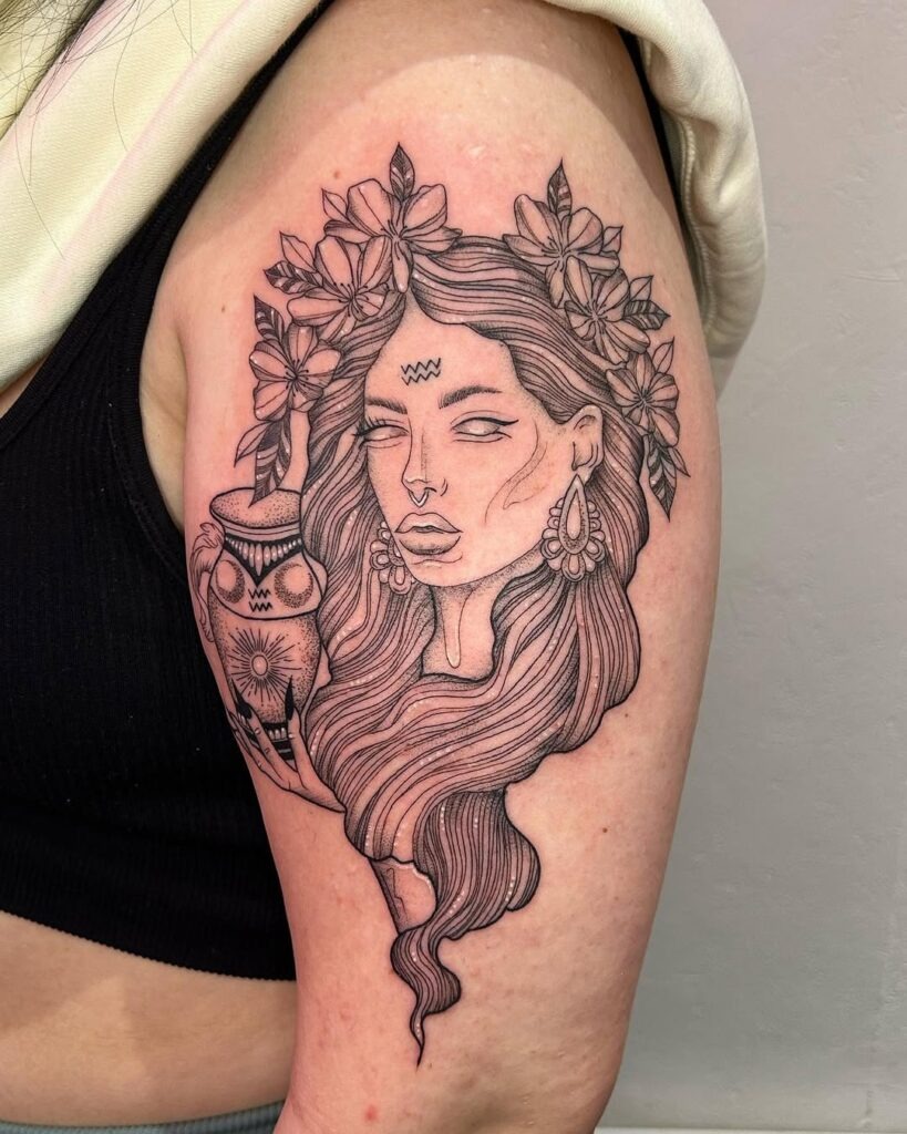 Aquarius Goddess Tattoo with Floral Crown and Symbolic Vase Tattoo Design