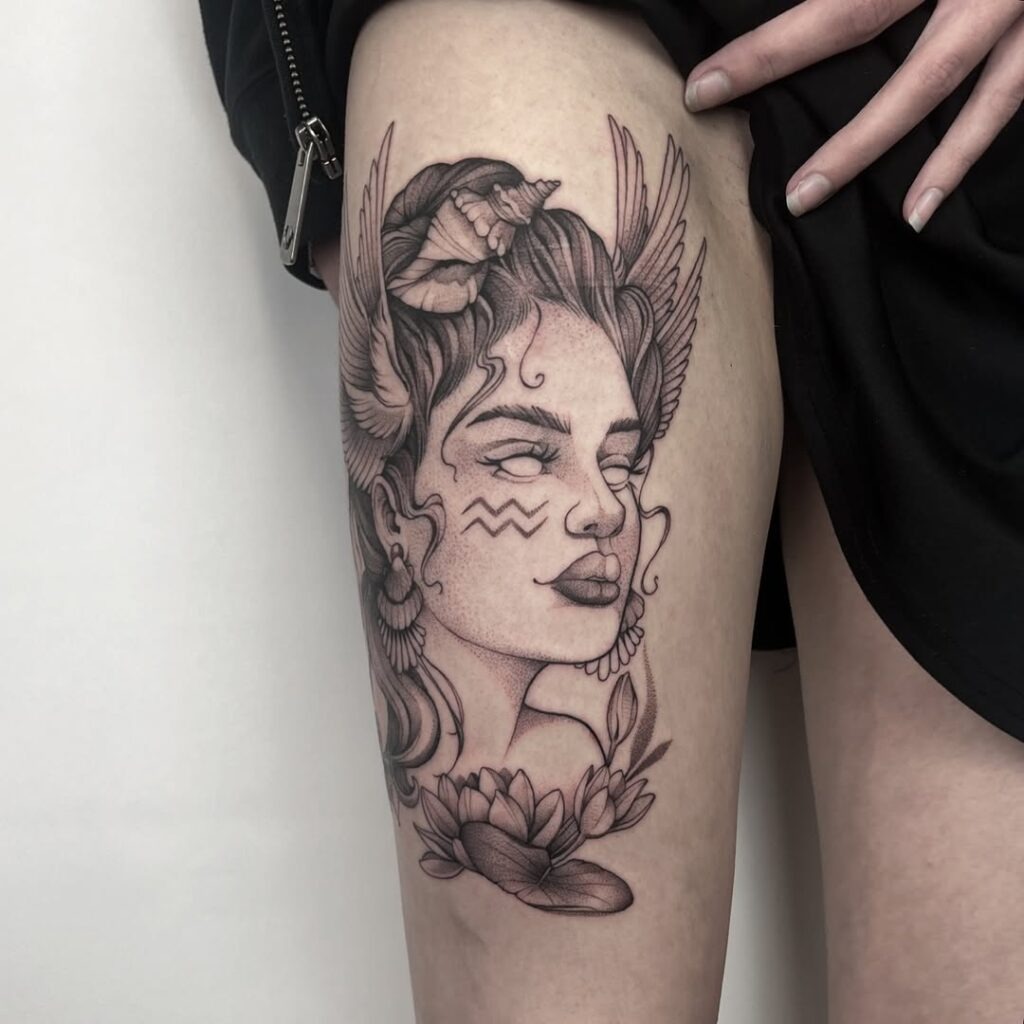 Aquarius Goddess Thigh Tattoo with Wings and Floral Details Tattoo Design