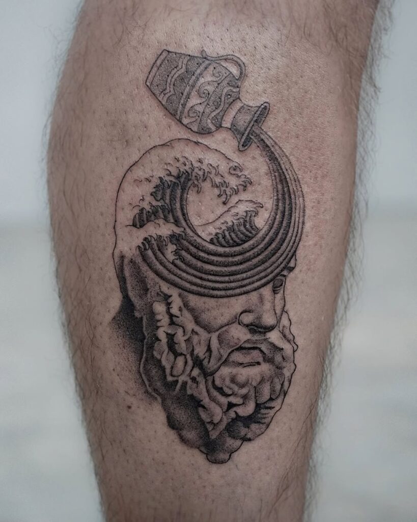 Aquarius Tattoo with Greek Statue and Flowing Water Tattoo Design