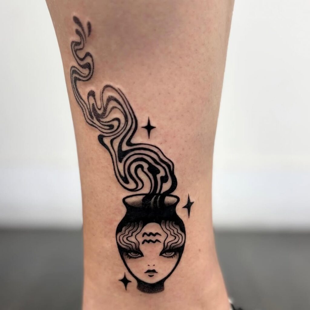 Aquarius Vase Tattoo with Face and Flowing Smoke Design Tattoo Design