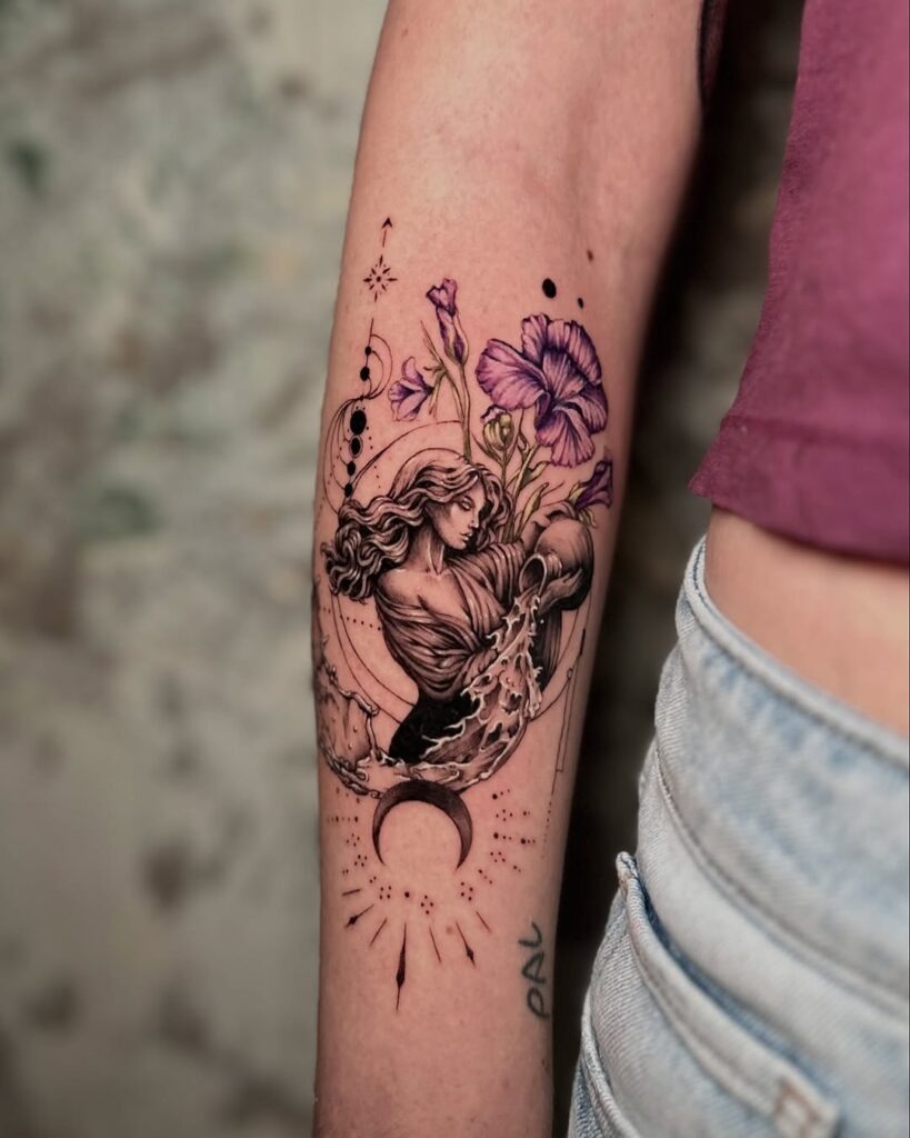 Aquarius Water Bearer Tattoo with Floral and Celestial Elements Tattoo Design
