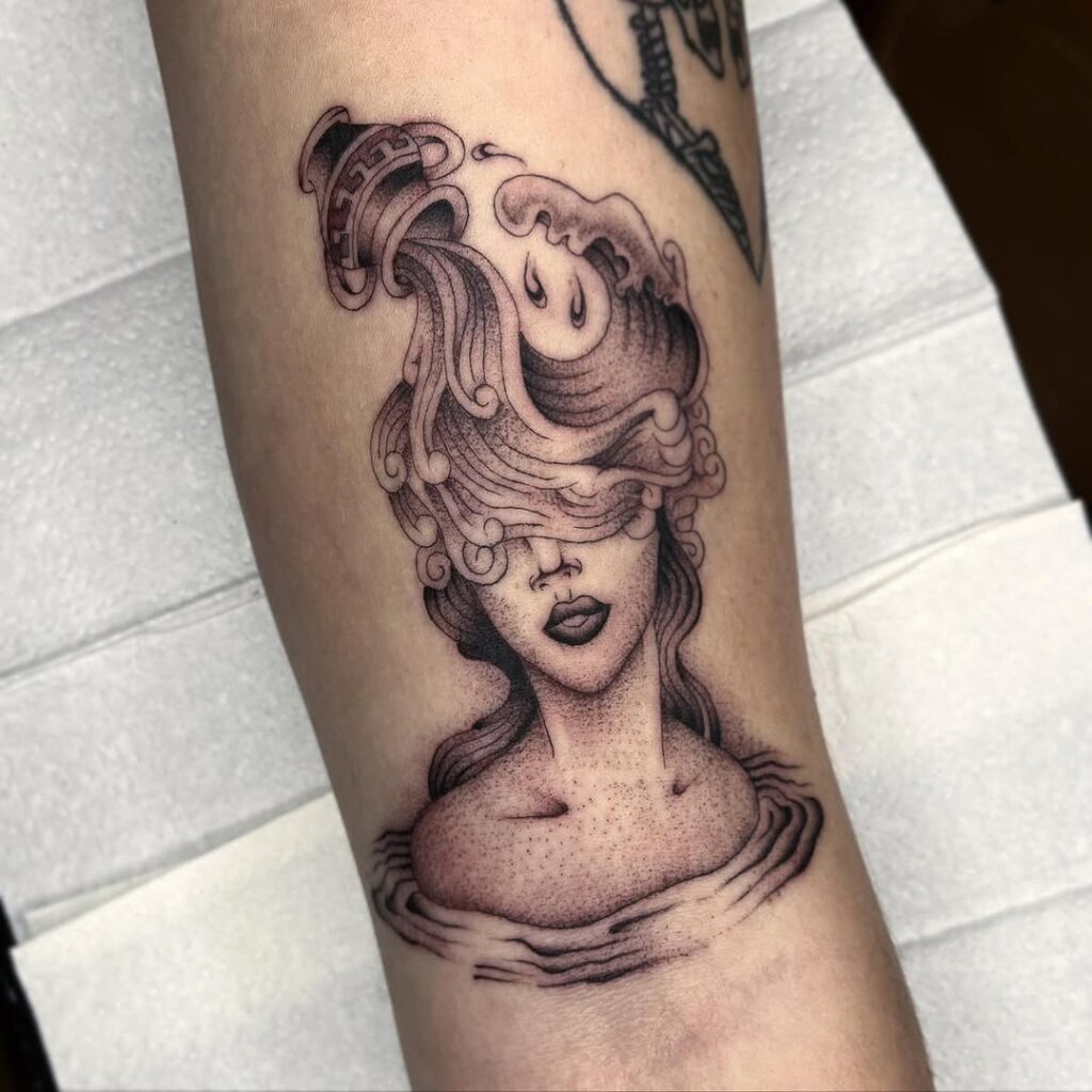 Aquarius Water Goddess Tattoo with Flowing Hair and Waves Tattoo Design