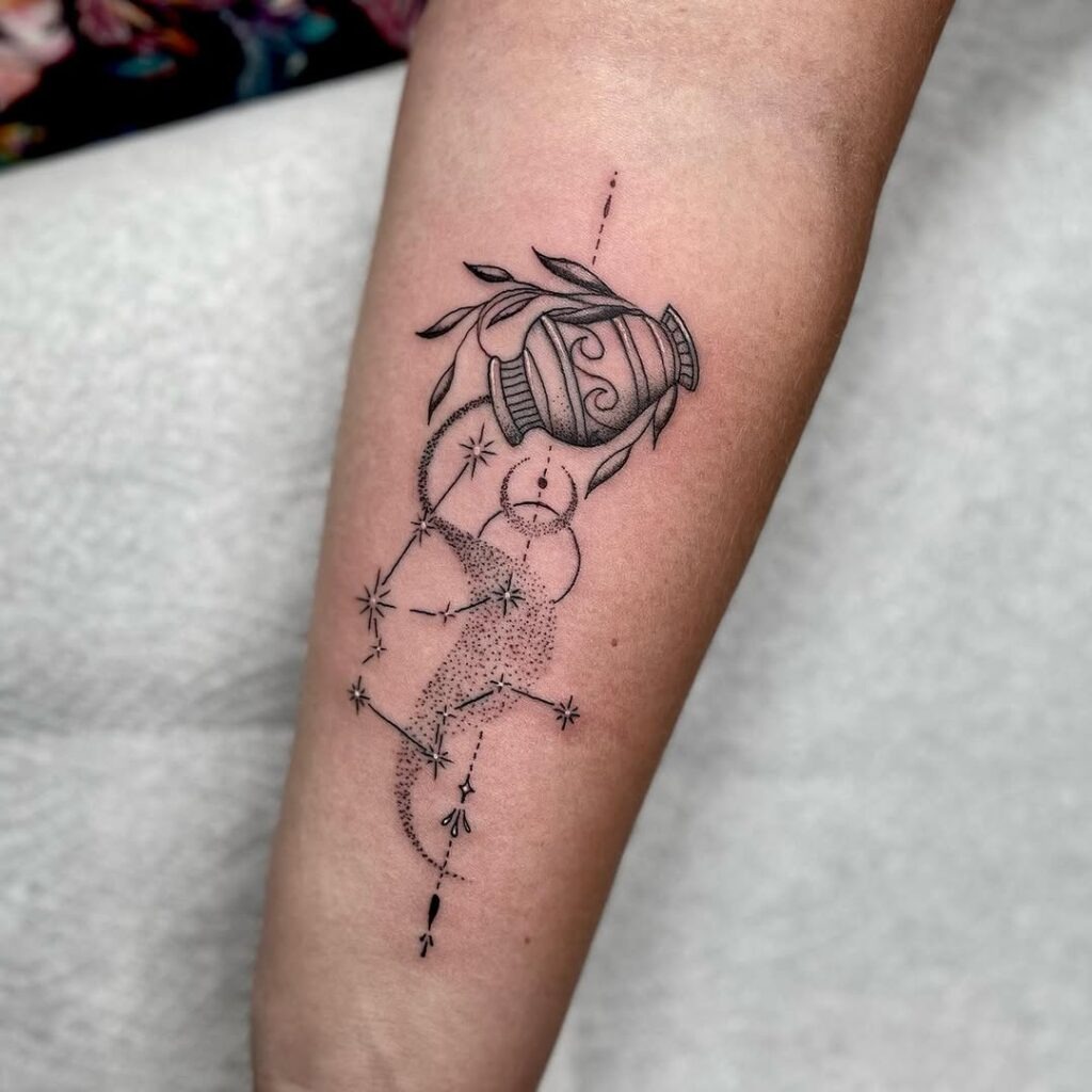 Aquarius Water Vase Tattoo with Constellation and Leaves Tattoo Design