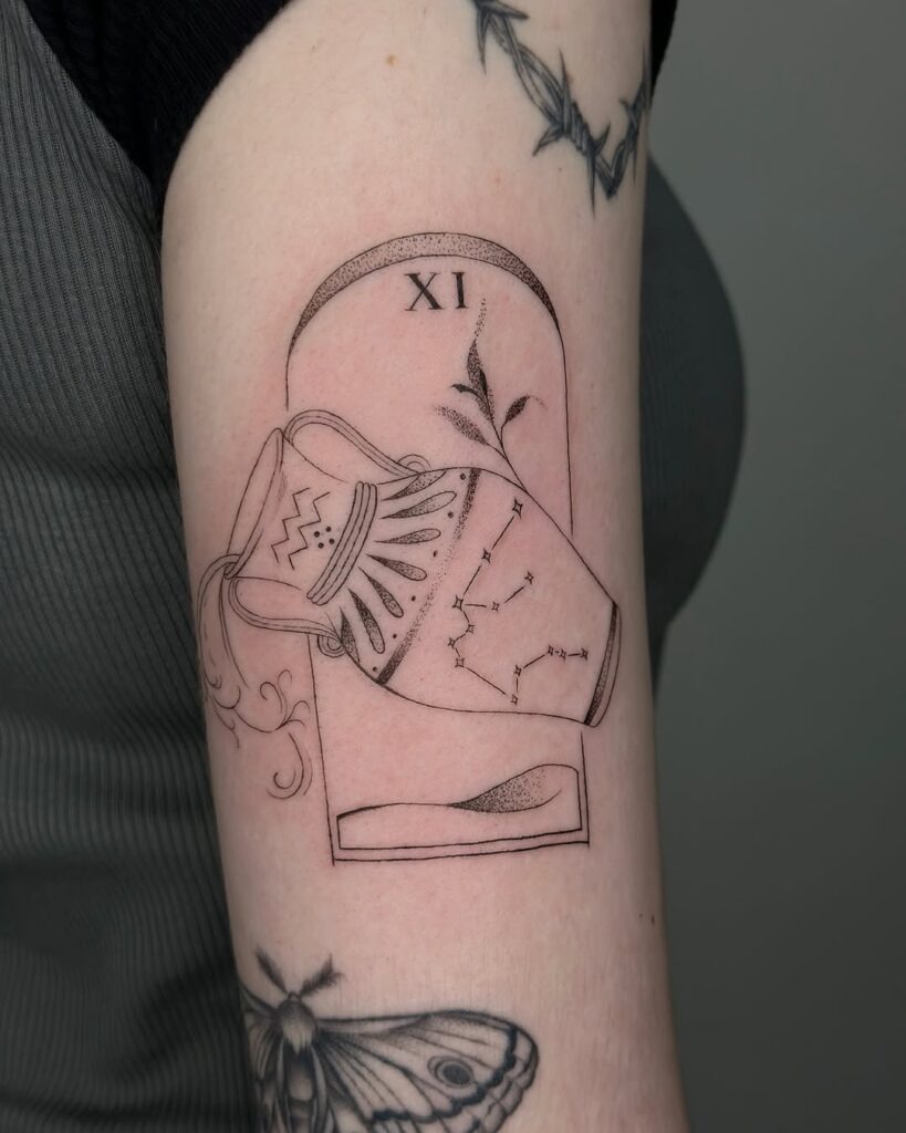 Aquarius Water Vase Tattoo with Constellation in Tarot Style Tattoo Design