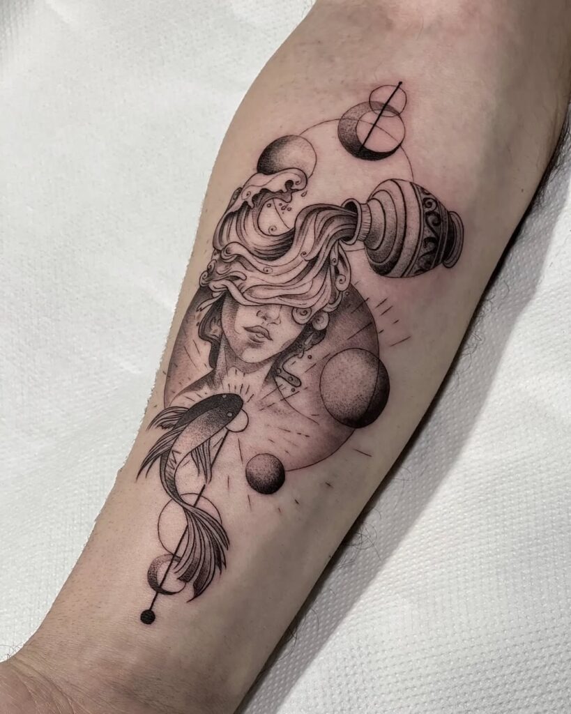 Celestial Aquarius Water Bearer Tattoo with Planetary Details Tattoo Design
