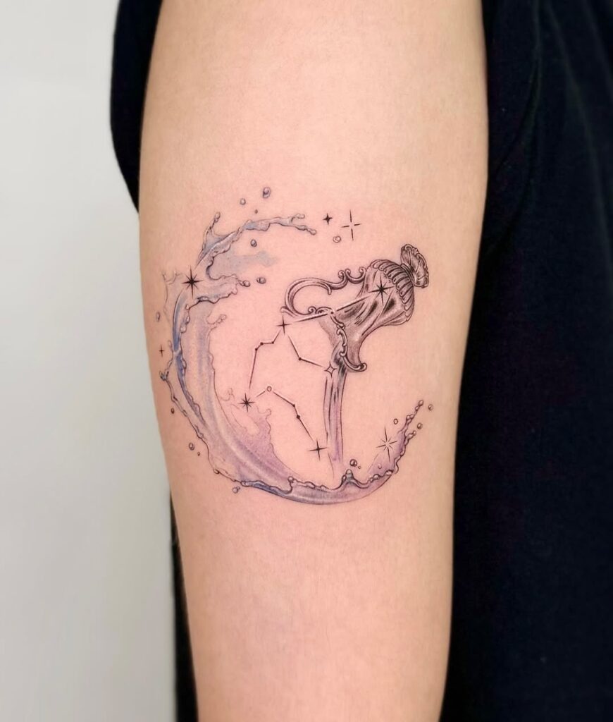 Delicate Aquarius Water Vase Tattoo with Flowing Waves and Constellation Tattoo Design
